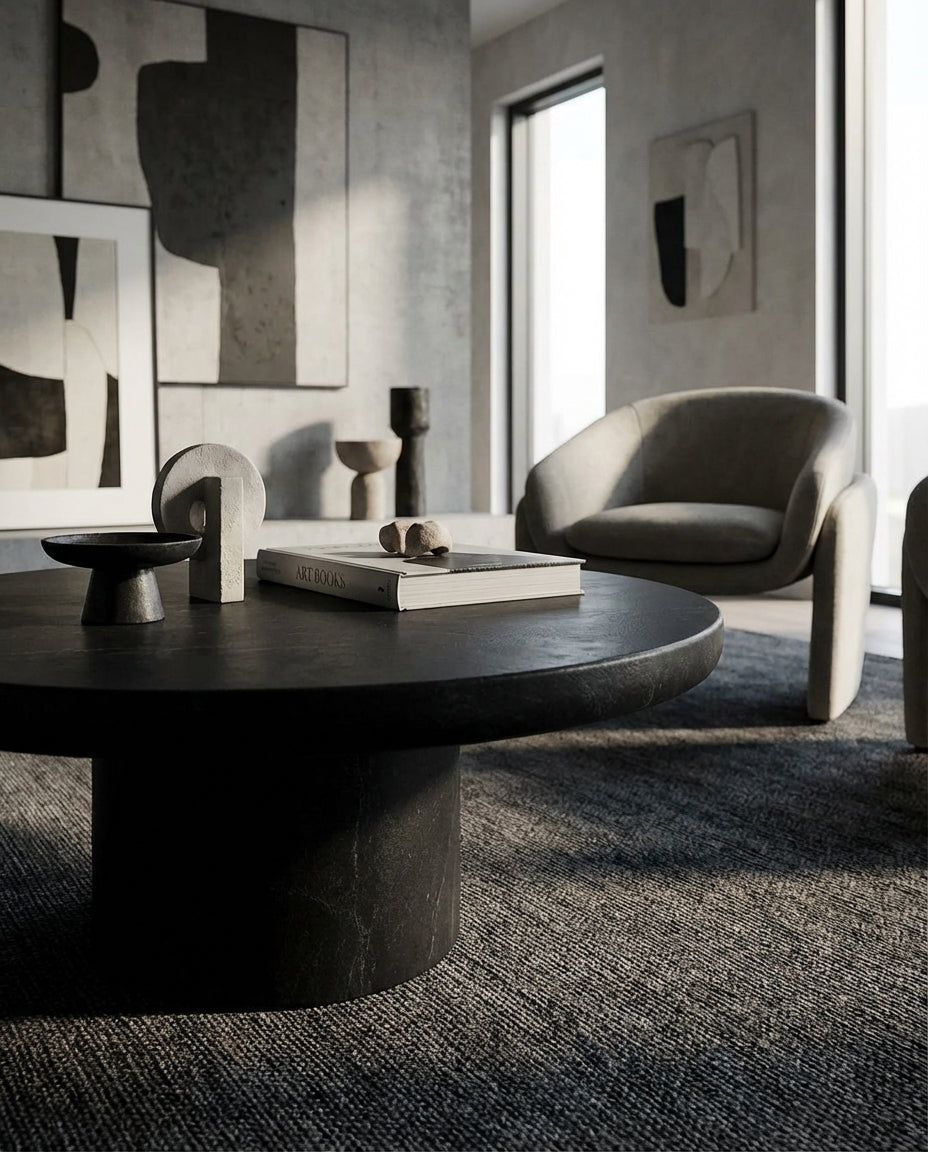 Nobu Round Sculptural Stone Coffee Table in Black | Modern Coffee Table by Interior Ave
