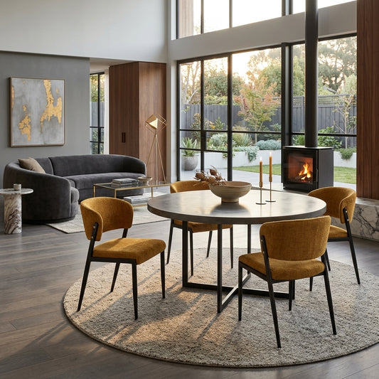 Harper saffron dining chair set of two at a white round dining table in a bright room with floor-to-ceiling windows