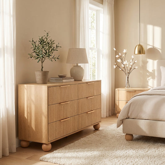 Wooden dresser in a bedroom with decorative items and natural light.