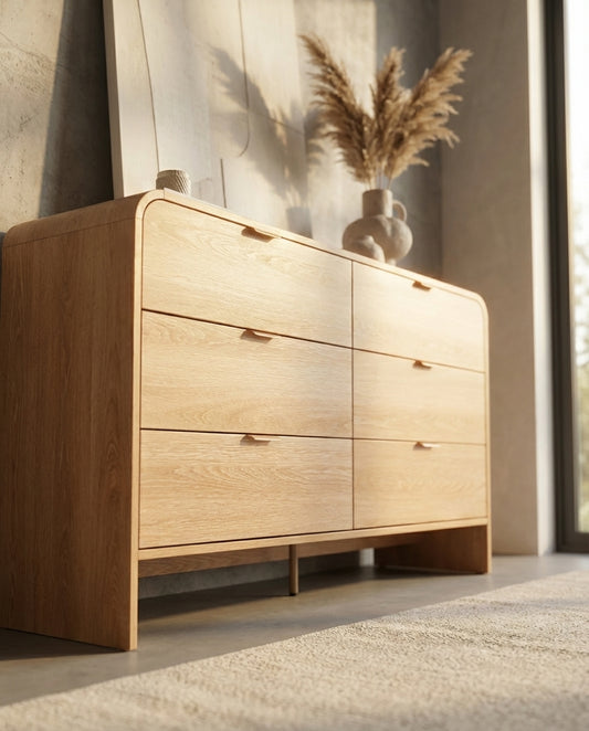 Ashbury dresser in natural pine with six drawers, rounded edges and gold toned handles