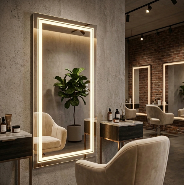 Large illuminated mirror in a modern interior setting with chairs and decor.