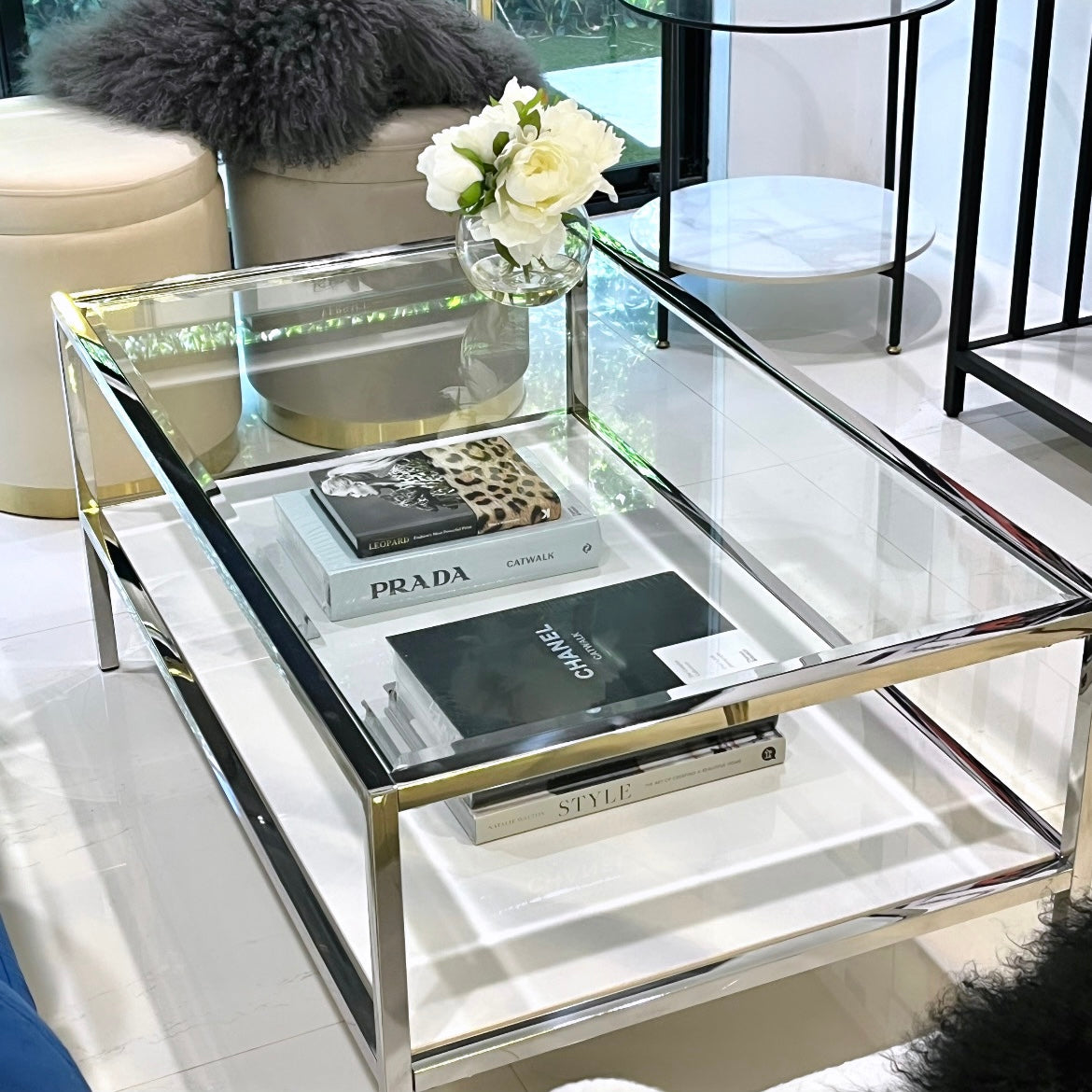 Vogue Coffee Table – Glass Top, White Marble Base & Chrome Frame