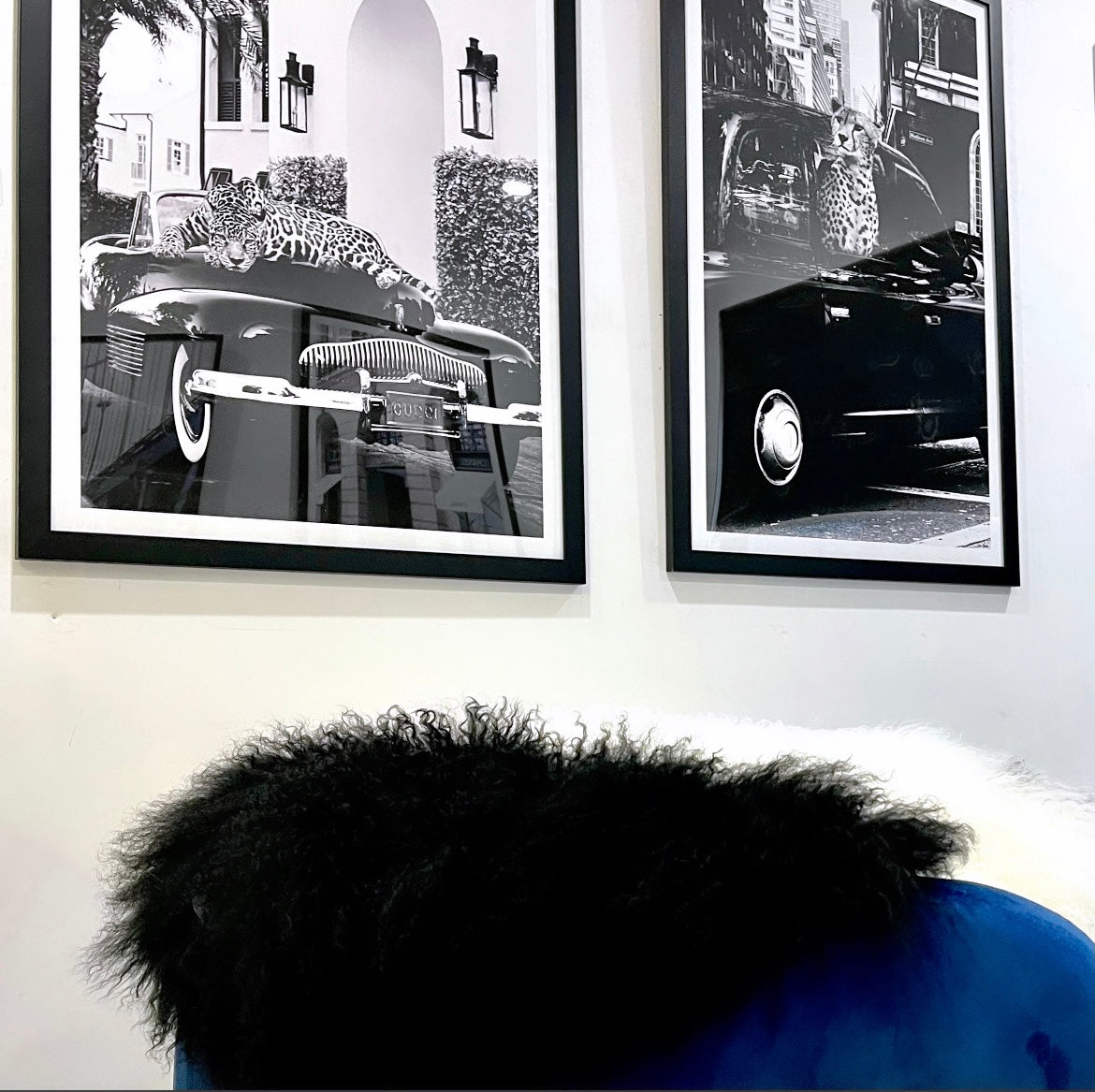 Palatial Classic vintage cars and leopard black and white wall art pair
