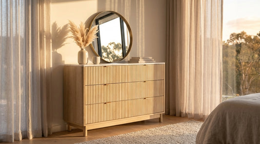 Blanc dresser in natural pine with six drawers, fluted drawer fronts and elevated timber legs