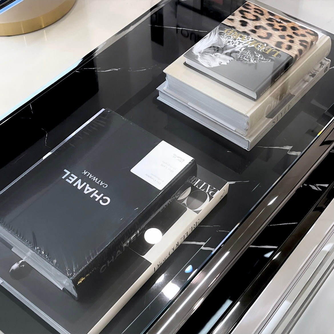 Vogue Coffee Table – Glass Top, Black Marble Base & Titanium Frame