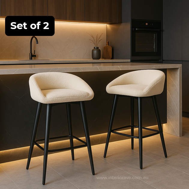 White bouclé bar stool with black metal frame – Brosa by Interior Ave