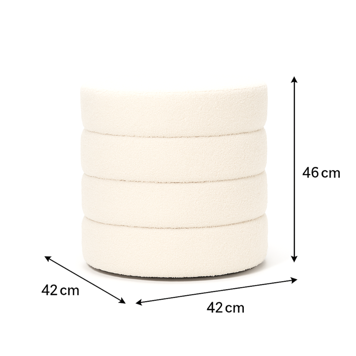 Cleo boucle ottoman dimension diagram showing 42cm length, 42cm width and 46cm height