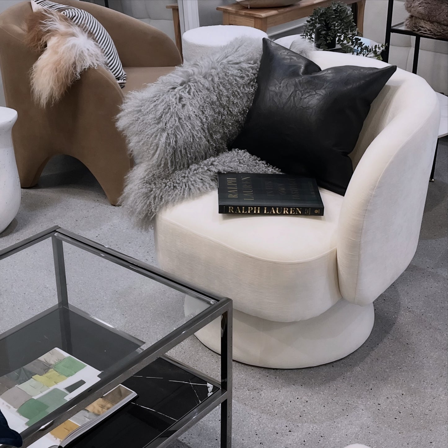 Celine Swivel Armchair – Chenille Pearl with Sculptural Base