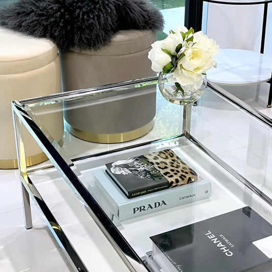 Vogue Coffee Table – Glass Top, White Marble Base & Chrome Frame