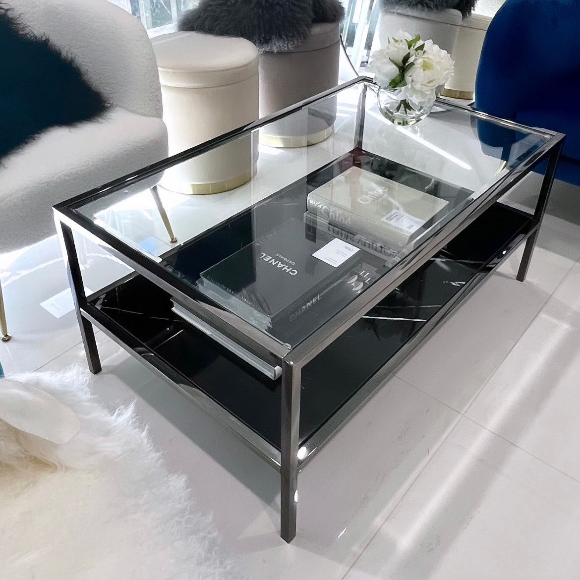 Vogue Coffee Table – Glass Top, Black Marble Base & Titanium Frame
