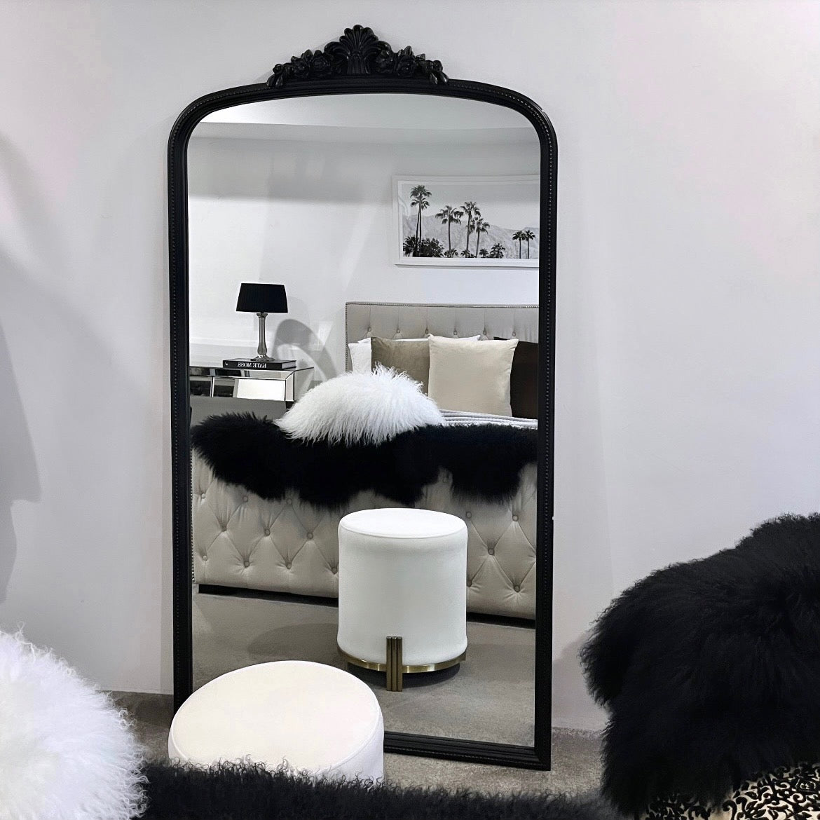 Tall arched black mirror with crest detail – Helena by Interior Ave