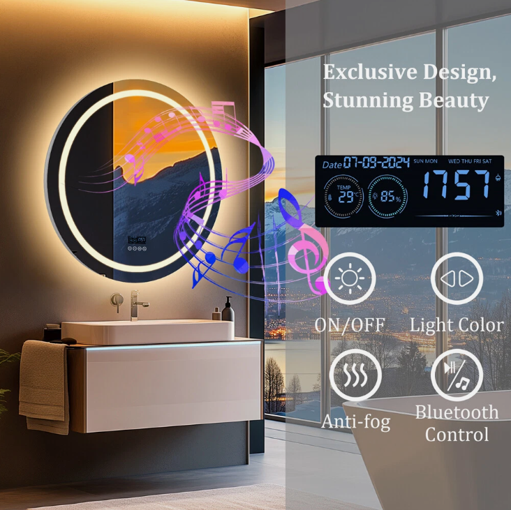 80cm Round Frameless LED Bathroom Bluetooth Mirror – LED illuminated bathroom mirror by Interior Ave