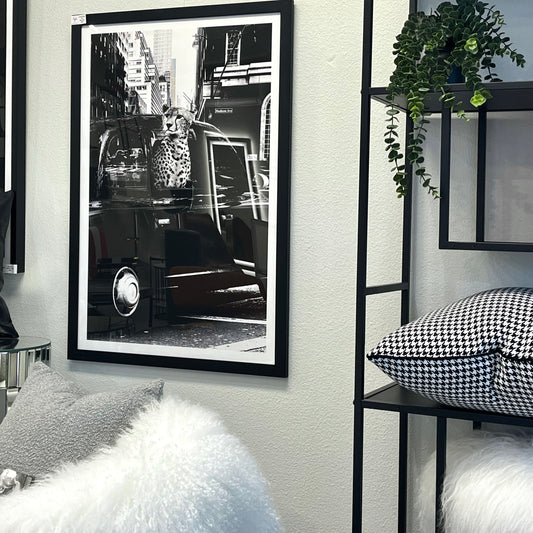 Downtown NYC leopard and vintage car black and white city wall art framed