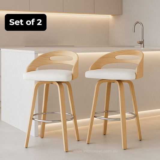 White Leather bar stool with backrest and wood grain frame – Interior Ave