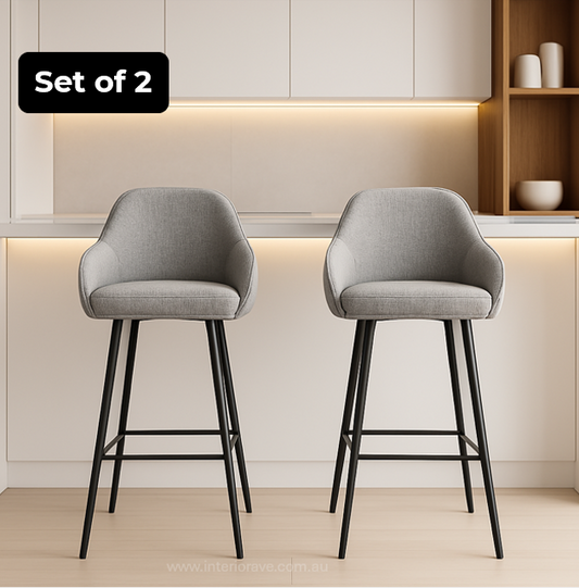 Grey linen bar stool with curved backrest and black metal legs – Metro by Interior Ave