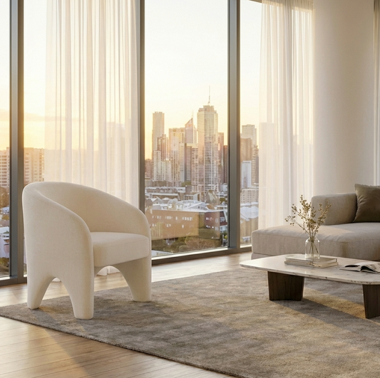 Nova Sculptural Accent Chair – White Chenille Armchair with Curved Modern Form