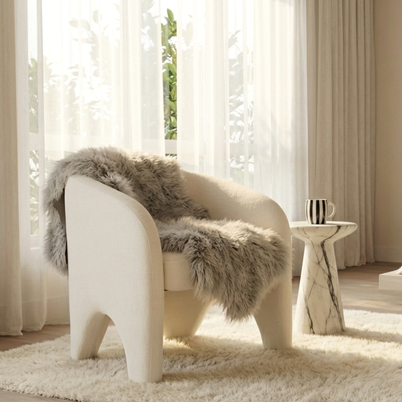 Nova Sculptural Accent Chair – White Chenille Armchair with Curved Modern Form