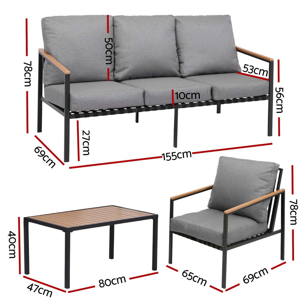 Palm Cove 5 Seater Outdoor Sofa Set 4PCS Patio Furniture - Black