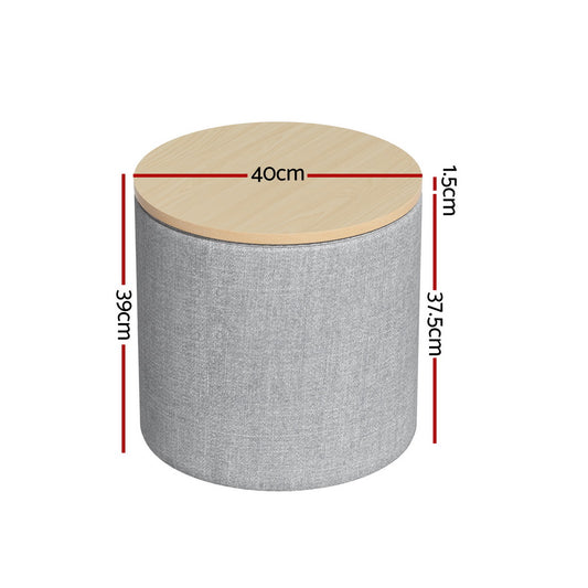 Pillar Storage Ottoman Blanket Box 40cm Linen Round - Grey