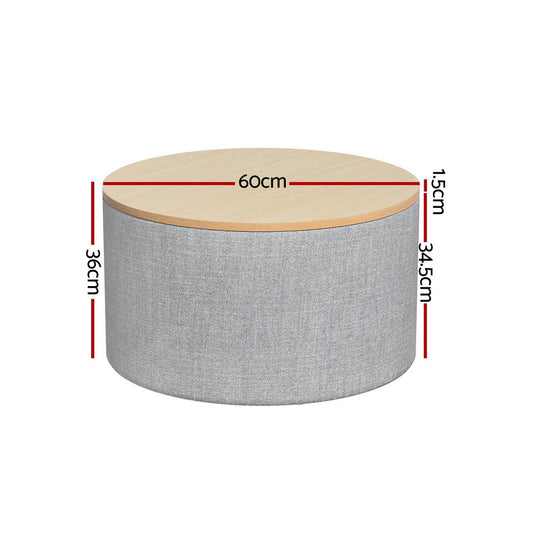 Pillar Storage Ottoman Blanket Box 60cm Linen Round - Grey