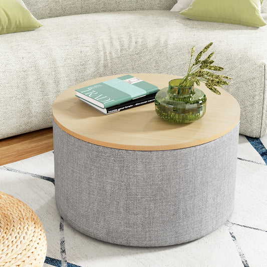 Pillar Storage Ottoman Blanket Box 60cm Linen Round - Grey