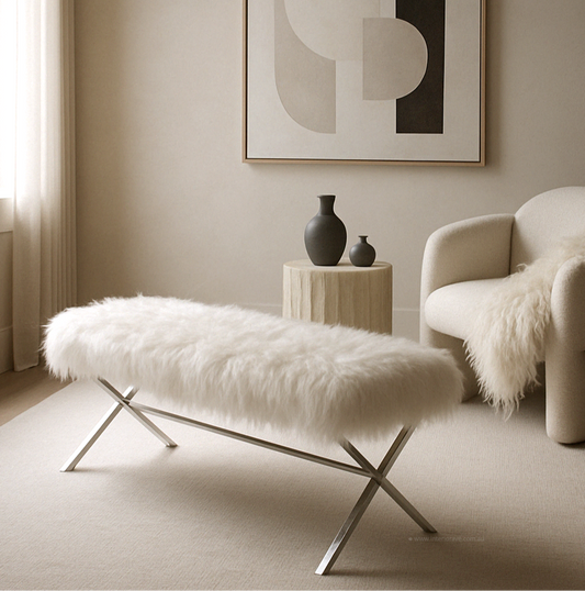 Oxley Fur Bench - White & Silver – premium furniture by Interior Ave