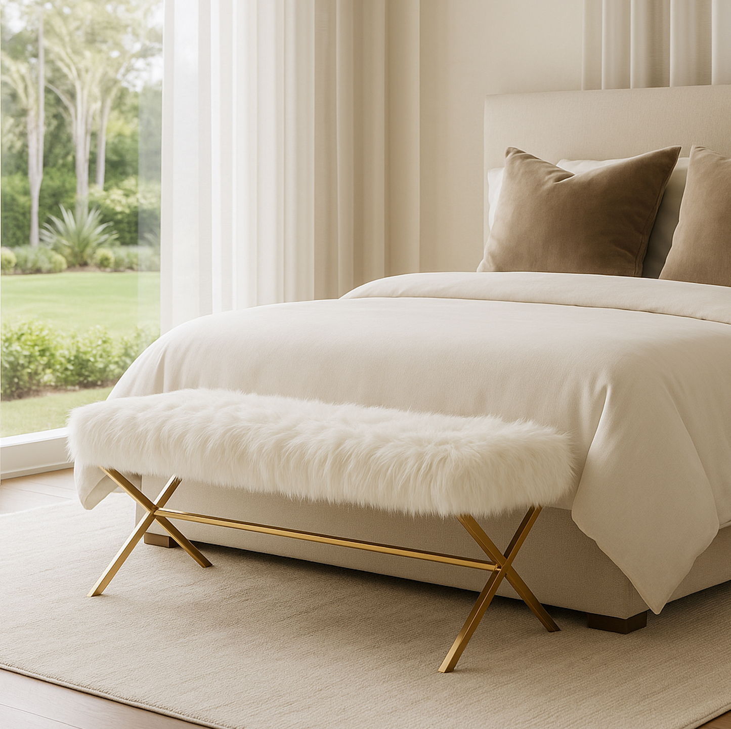 Oxley Fur Bench - White & Gold – premium furniture by Interior Ave