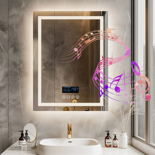 70 x 90cm Rectangle Frameless LED Bathroom Mirror – LED illuminated Bluetooth bathroom mirror by Interior Ave