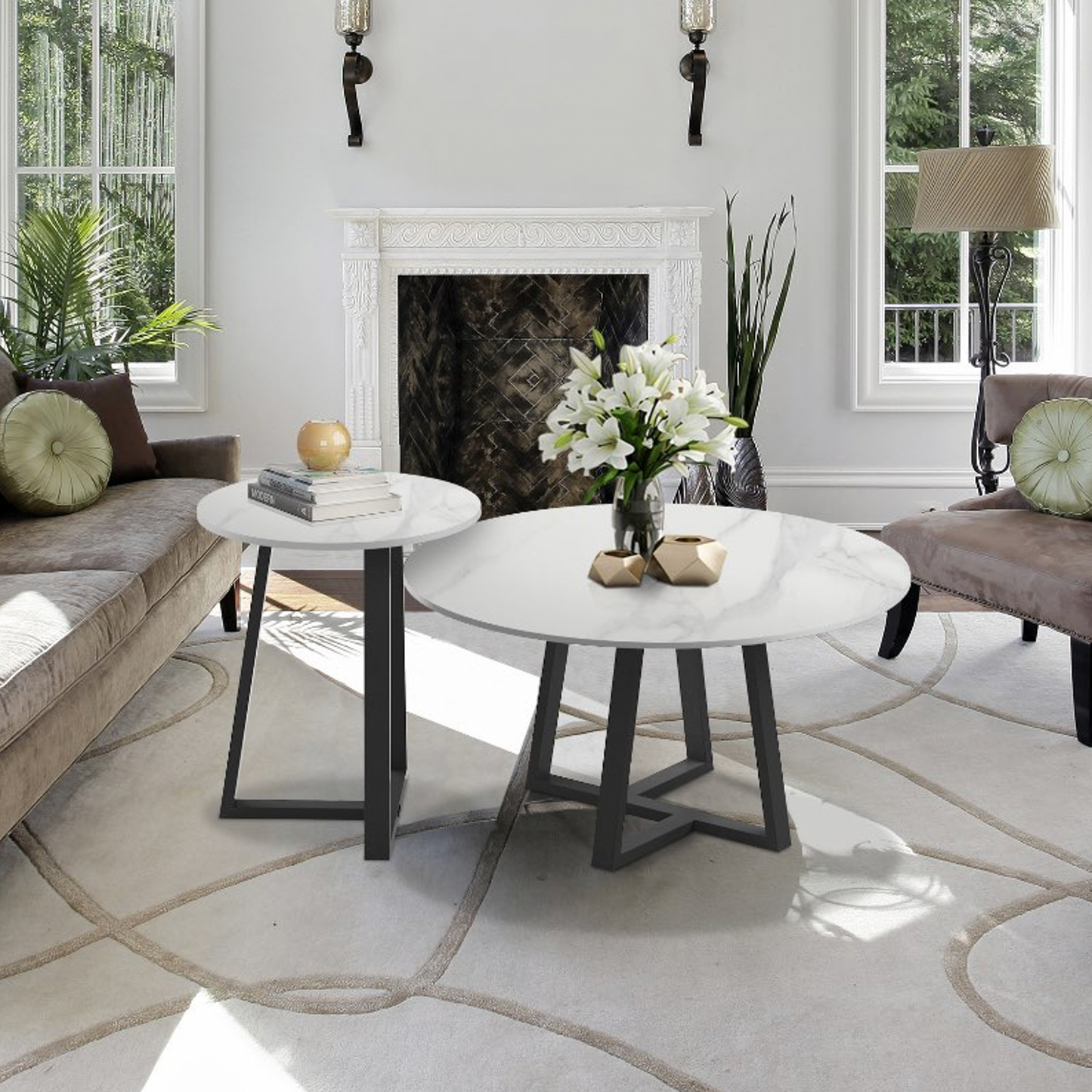 Broadway Two Tier Coffee Table Set - White Marble Stone – premium furniture by Interior Ave