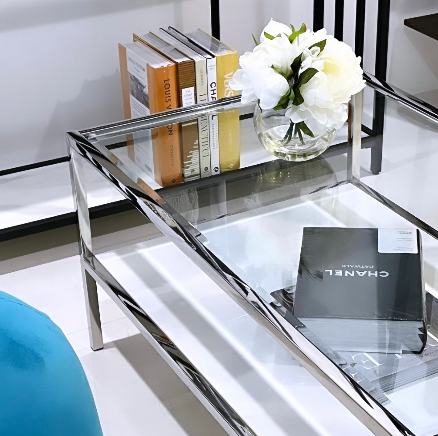 Vogue Coffee Table – Glass Top, White Marble Base & Chrome Frame