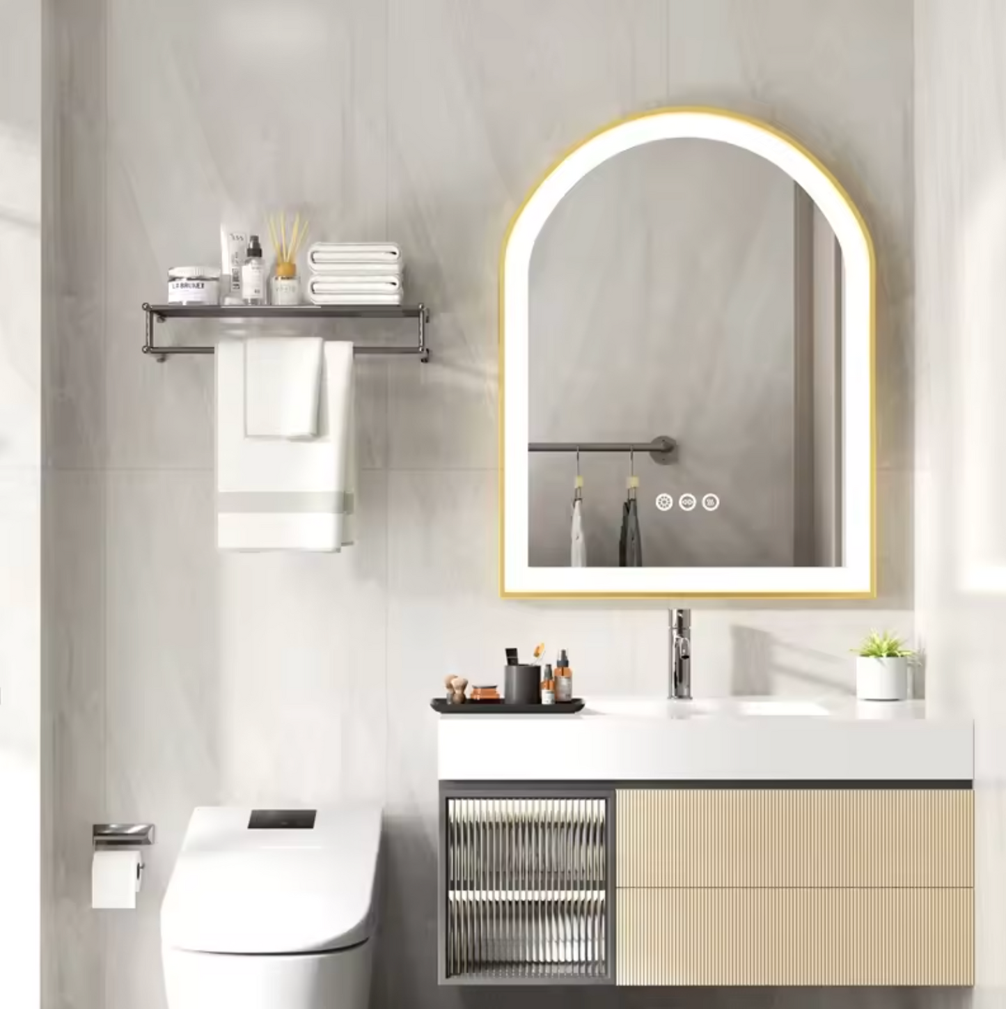 90 x 60cm Arched Gold Frameless LED Bathroom Mirror – LED illuminated bathroom mirror by Interior Ave