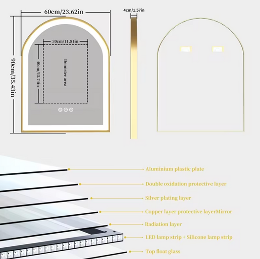 90 x 60cm Arched Gold Frameless LED Bathroom Mirror – LED illuminated bathroom mirror by Interior Ave