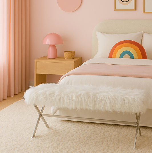 Oxley Fur Bench - White & Silver – premium furniture by Interior Ave