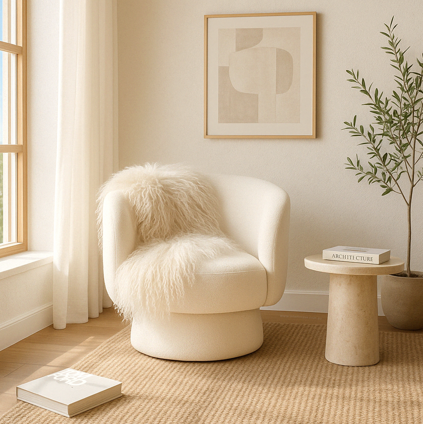 Celene Swivel Armchair – White Chenille