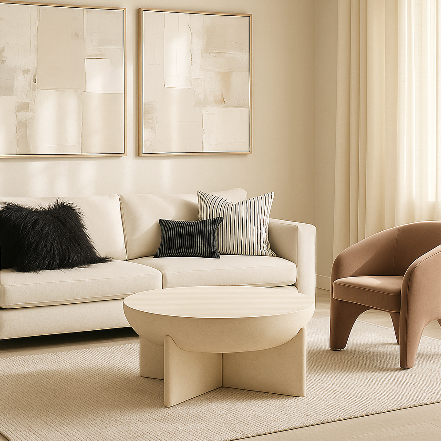 Modern living room with a beige sofa, coffee table, and armchair.