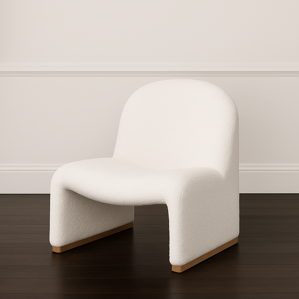 Haven Curved Boucle Armchair – Sculptural White Accent Chair with Soft Rounded Form