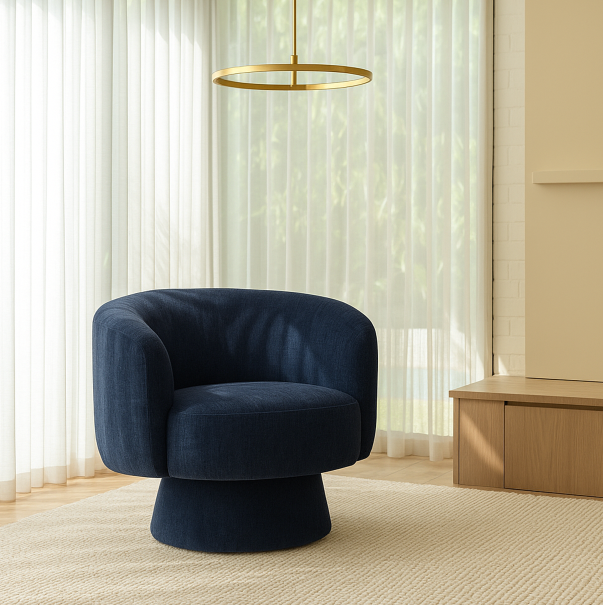 Celine Swivel Armchair – Denim Chenille Blue with Sculptural Base