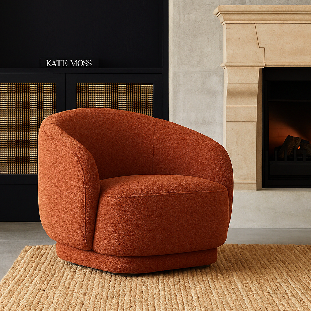 Aspen Swivel Armchair – Sculptural Rust Armchair in Luxe Milan Fabric