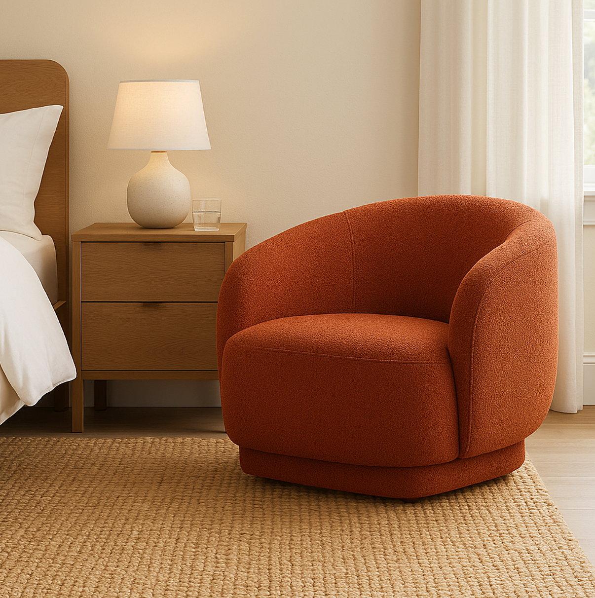 Aspen Swivel Armchair – Sculptural Rust Armchair in Luxe Milan Fabric