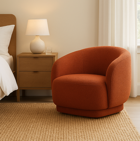 Aspen Swivel Armchair – Sculptural Rust Armchair in Luxe Milan Fabric