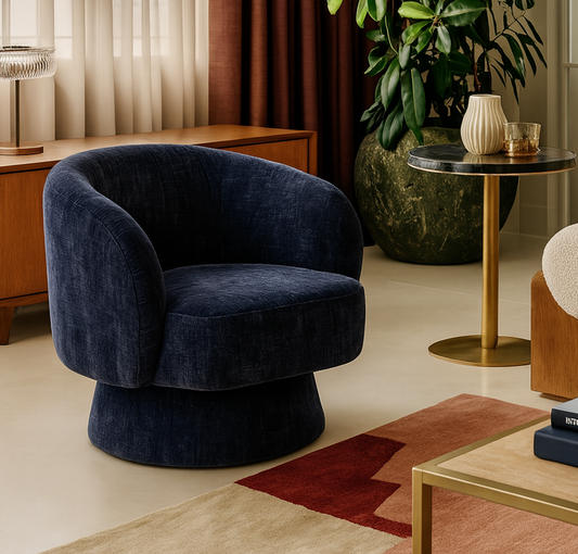 Celine Swivel Armchair – Denim Chenille Blue with Sculptural Base