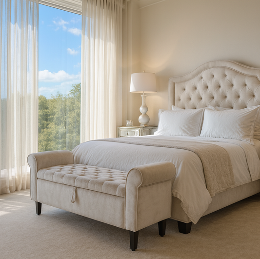 Velour Storage Ottoman Stool Arm Bench Seat - Beige