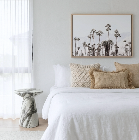 Palm Street row of palms and mountains landscape wall art above a bed