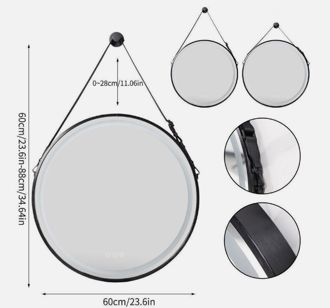 60cm Round Black Hanging LED Bathroom Mirror – LED illuminated bathroom mirror by Interior Ave