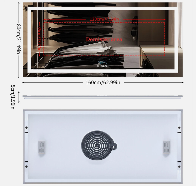160 x 80cm Rectangle Frameless LED Bathroom Mirror – Bluetooth