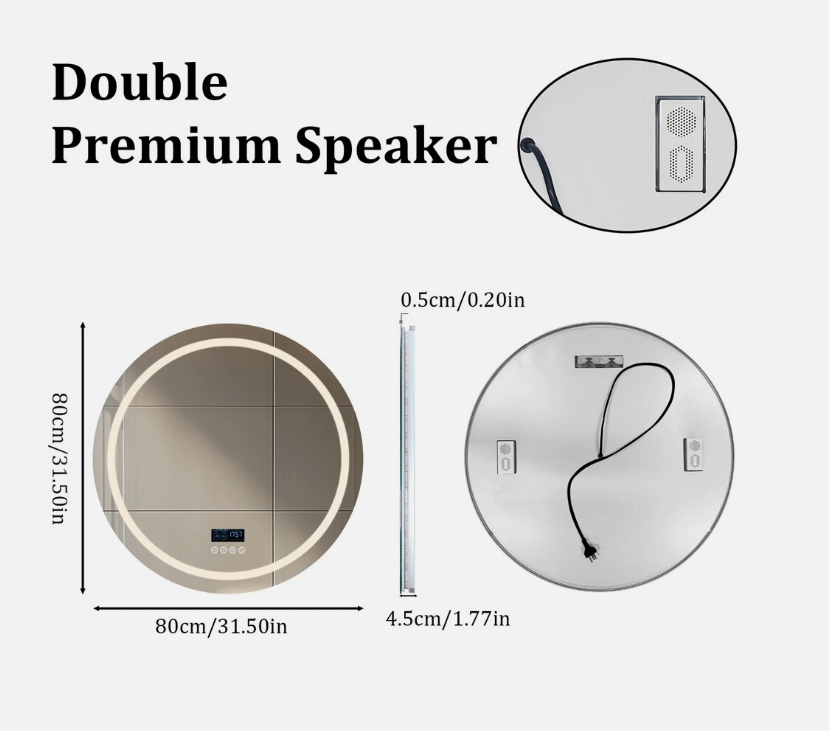 80cm Round Frameless LED Bathroom Mirror – Bluetooth
