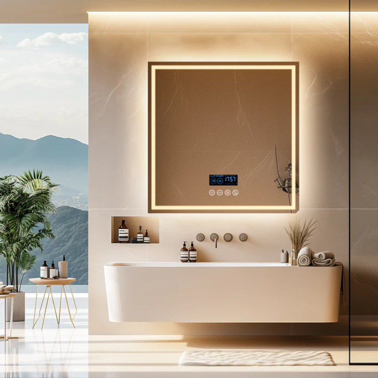 80 x 80cm Square Frameless LED Bathroom Mirror – Bluetooth