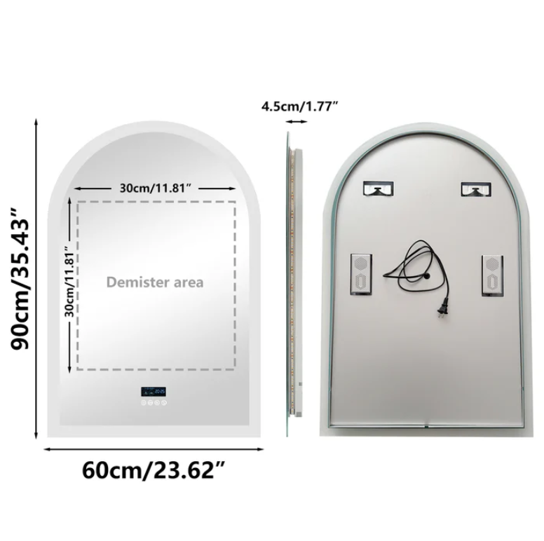 90 x 60cm Arched Frameless LED Bathroom Mirror – Bluetooth