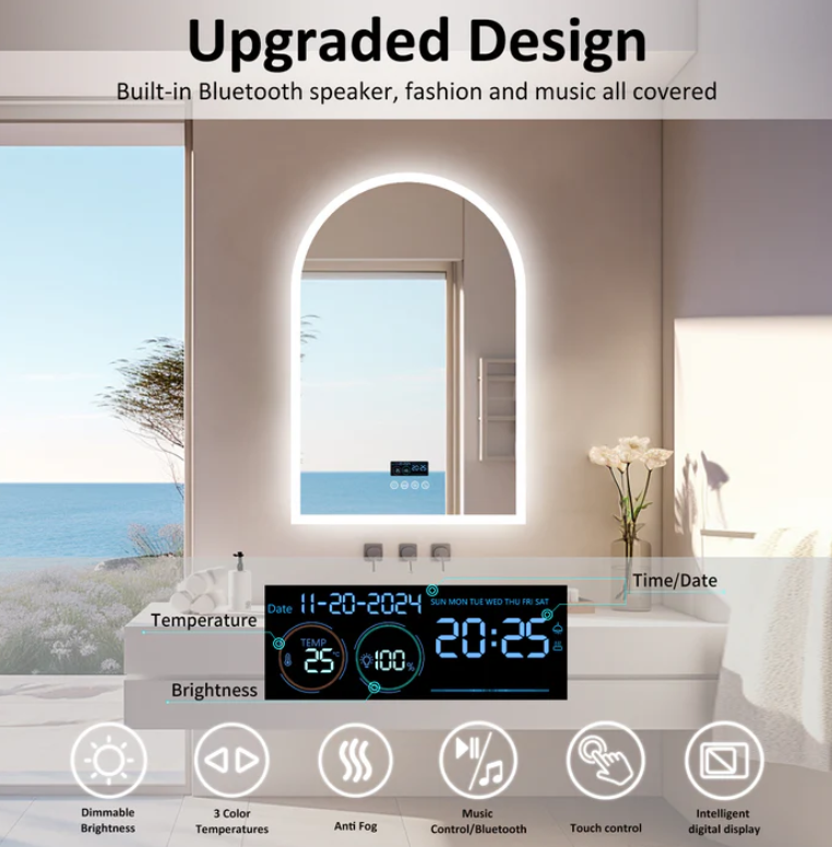 90 x 60cm Arched Frameless LED Bathroom Mirror – Bluetooth