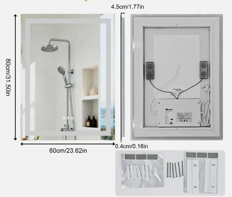 60 x 80cm Rectangle Frameless LED Bathroom Mirror – Bluetooth